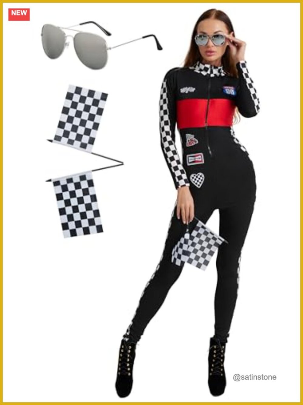 Race Car Driver Costume Jumpsuit Sunglasses Checkered Flags Set